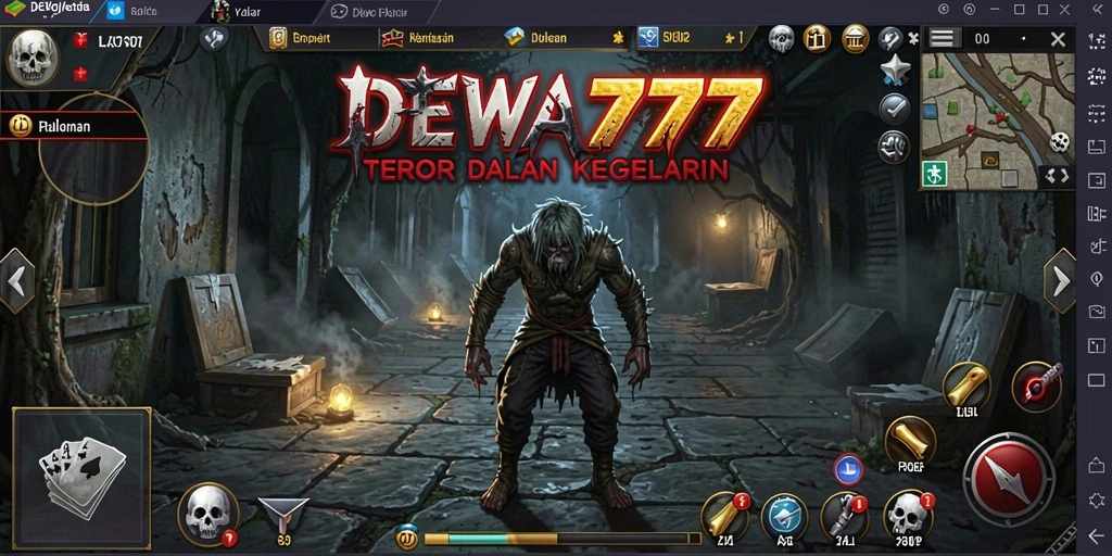 Tampilan gameplay DEWA777 dengan suasana horor yang mencekam.