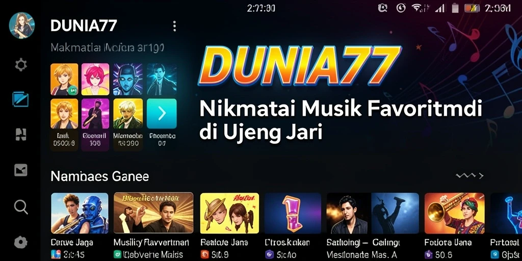Tampilan gameplay DUNIA77 yang menampilkan berbagai genre musik.