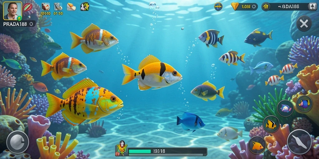 Screenshoot gameplay PRADA188 menampilkan aksi tembak ikan yang mendebarkan.