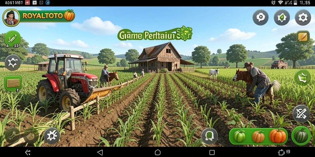 Screenshot gameplay ROYALTOTO menampilkan lahan pertanian yang subur.